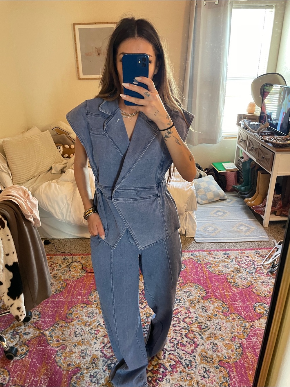 Denim Utility Vest & Wide-Leg Pants Set - Blue